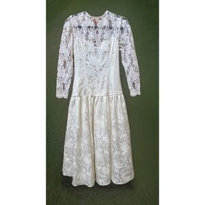 Vintage Sz 8 Scott McClintock 80s Ivory Lace Satin Dress Wedding Party Dress Bow